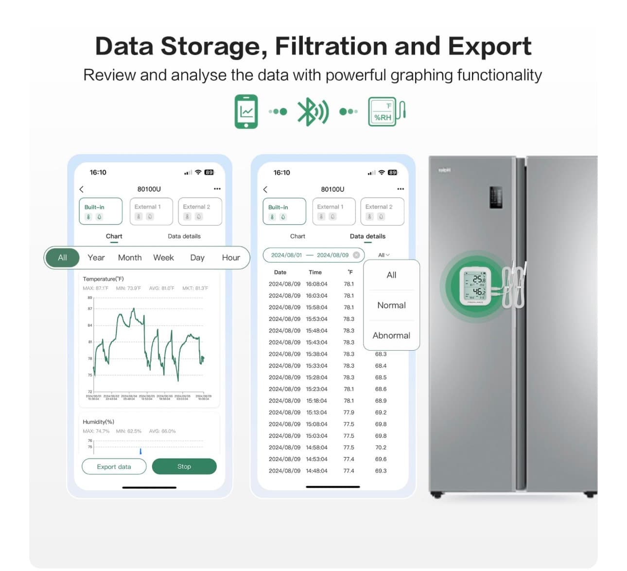 Freshliance Temperature Humidity Data Logger Recorder Bluetooth with 2pcs External Probe, Digital Refrigerator Thermometer Hygrometer, Remote Data Recording Analysis Alarm by Smart APP,BlueTag TH30R-I - Thumbnail 7