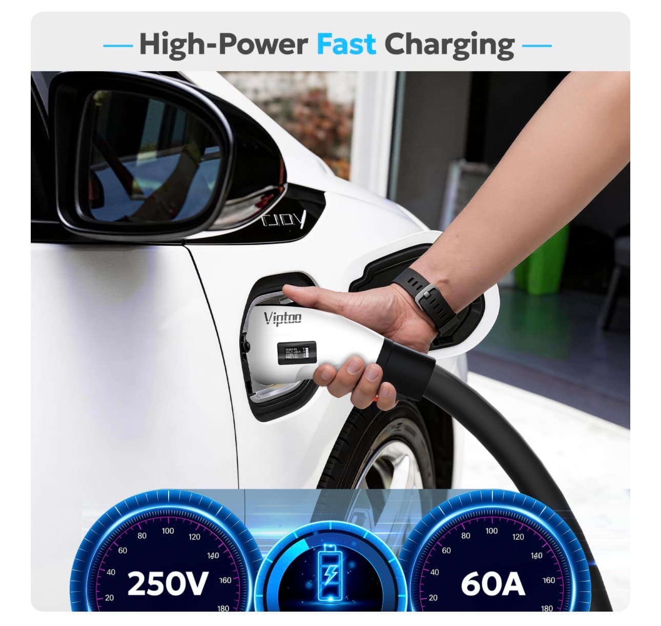 VIPTOO Tesla to J1772 Adapter 60A 250V AC — NACS EV Charging Connector with Digital Display for Tesla Wall/Destination/Mobile Charger, Fast & Safe Charging (White) - Thumbnail 3