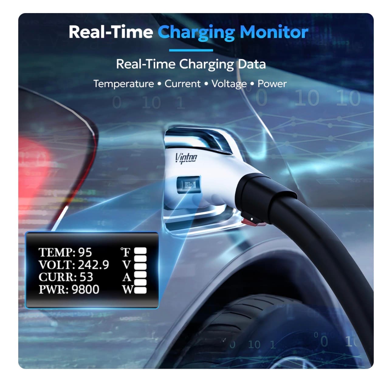 VIPTOO Tesla to J1772 Adapter 60A 250V AC — NACS EV Charging Connector with Digital Display for Tesla Wall/Destination/Mobile Charger, Fast & Safe Charging (White) - Thumbnail 4