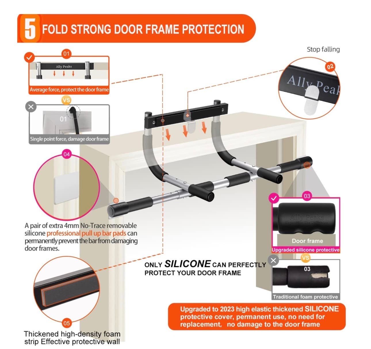 Ally Peaks Pull Up Bar for Doorway,Multiple Levels Width Adjustable Pull Up Bar Accurately Match Wide and Narrow doorframe,Indoor Chin-Up Bar Workout Bar,USA Original Patent - Thumbnail 4