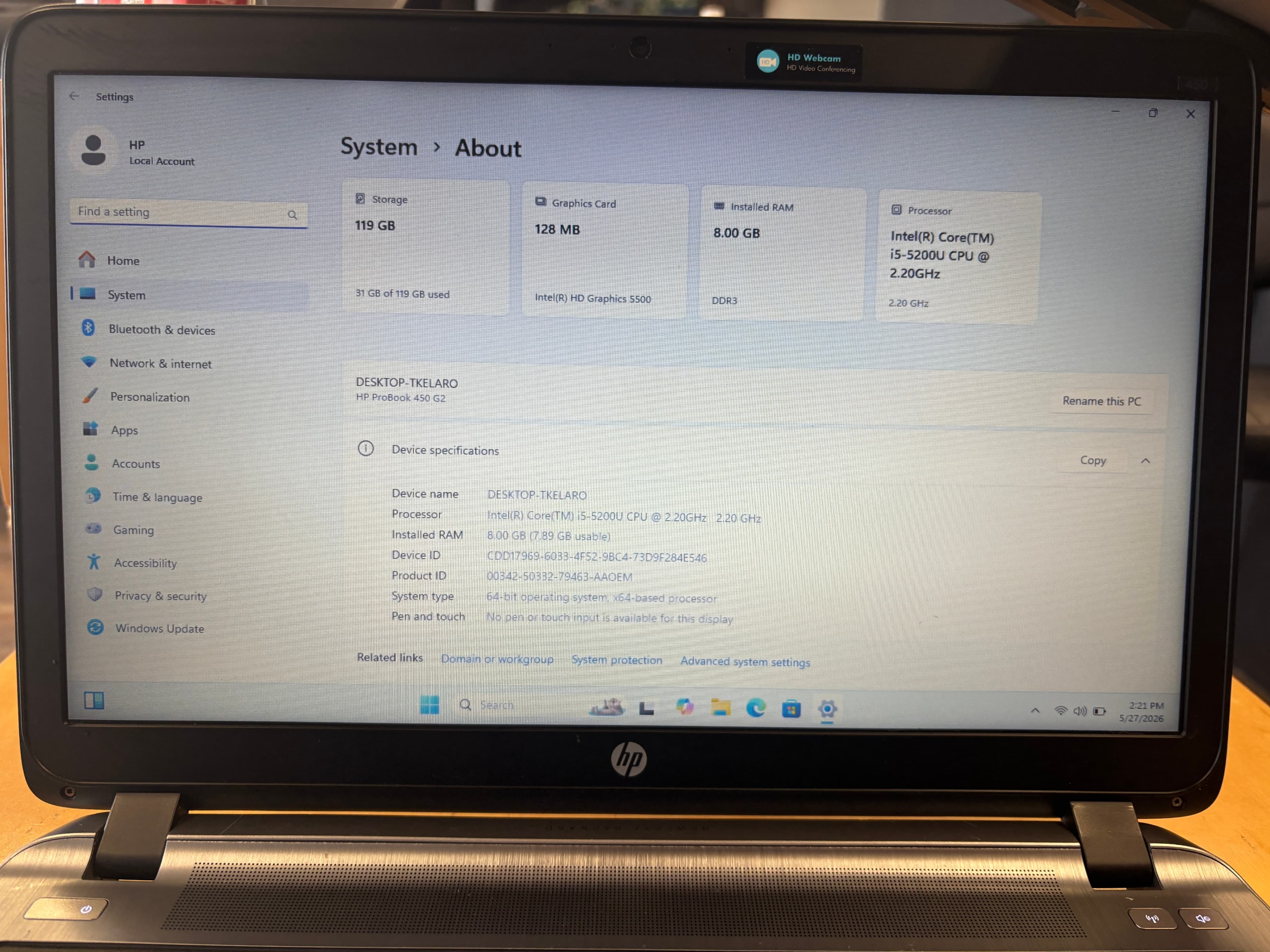 HP ProBook 450 G2 Laptop Intel i5 8GB 128GB SSD Win 11 Pro - Thumbnail 3