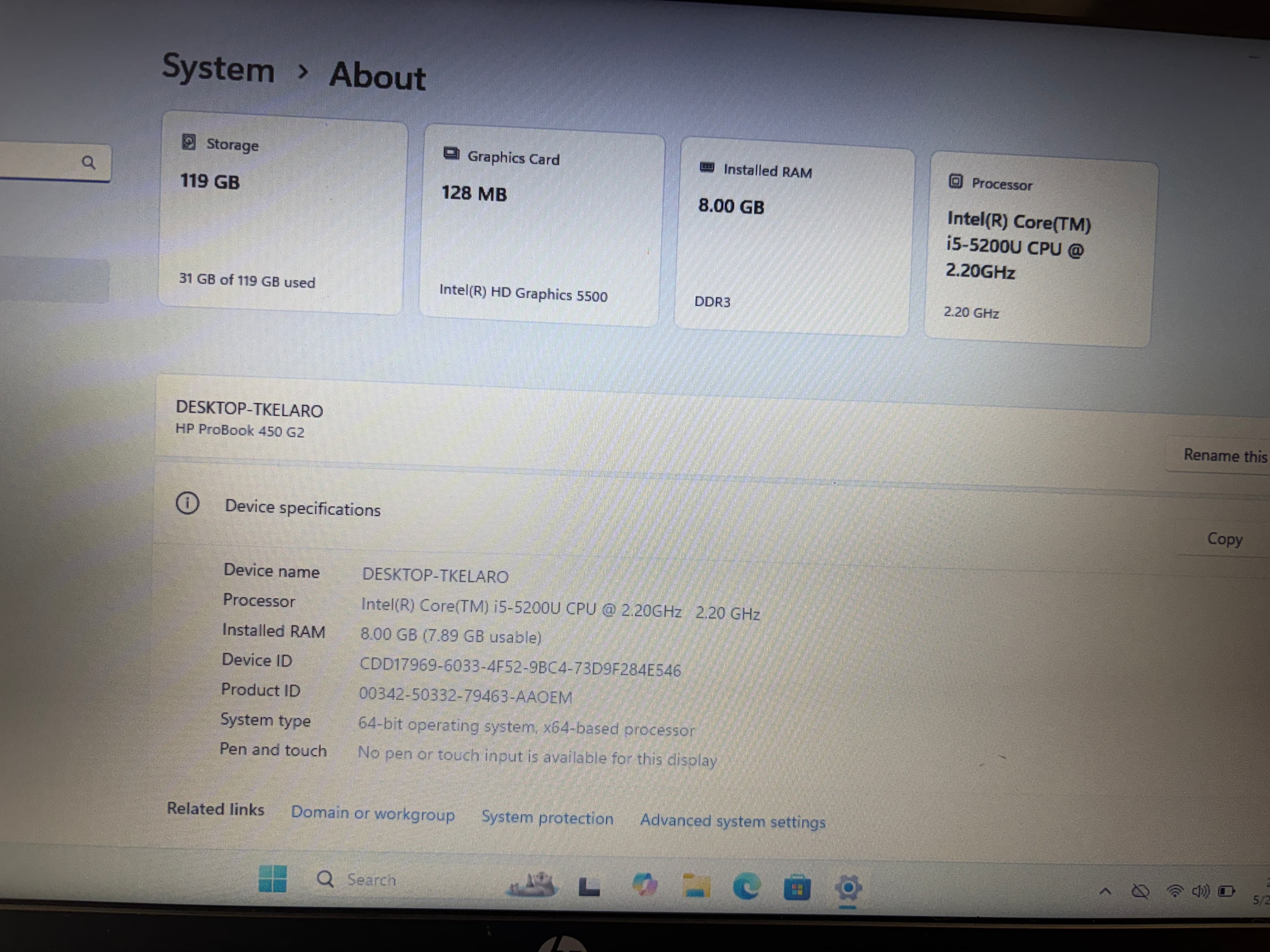 HP ProBook 450 G2 Laptop Intel i5 8GB 128GB SSD Win 11 Pro - Thumbnail 4