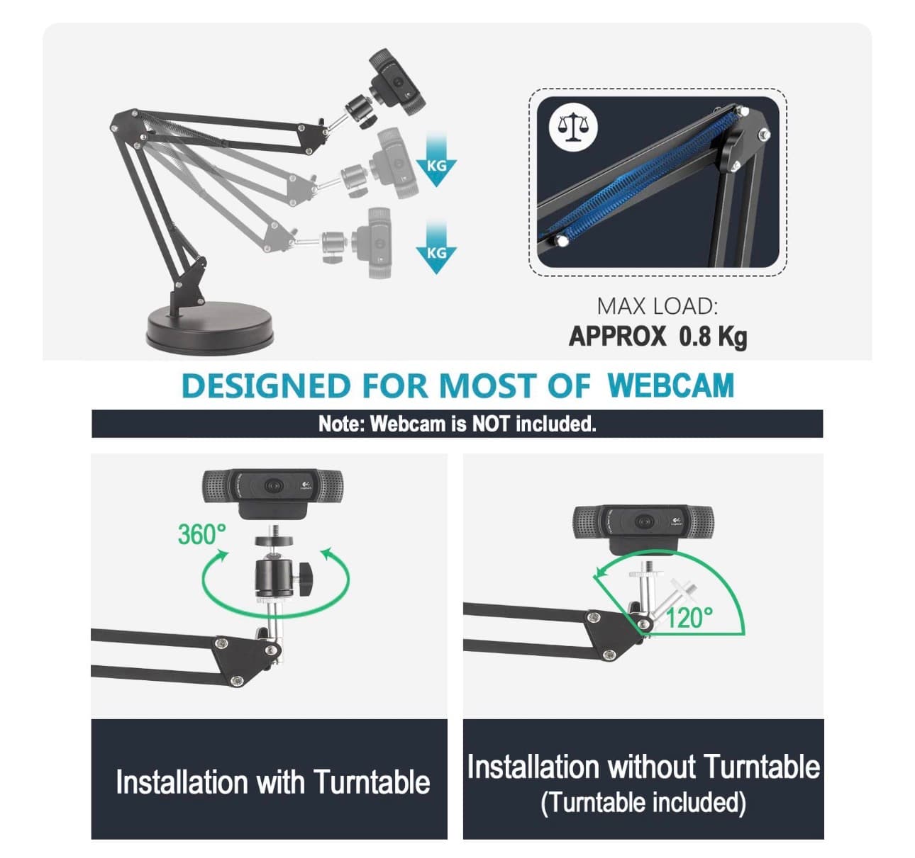 Webcam Stand, Camera Mount 22 Inch Suspension Boom Scissor Arm Stand, for Webcam C925e C922x C922 C930e C930 C920 C615, Hero 8/7/6/5, Ultra/Pro/Pro 2/Pro 3/Brio 4K, DSLR Camera - Thumbnail 3