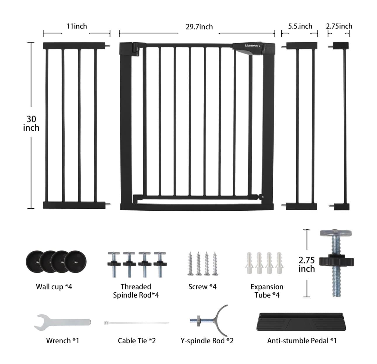 Mumeasy Baby Gate Extra Wide, 29.5-51"' Pressure Mounted Dog Gate with Walk Thru Door, Auto Close Pet Gate for House, Stairs, Doorways, Black - Thumbnail 3