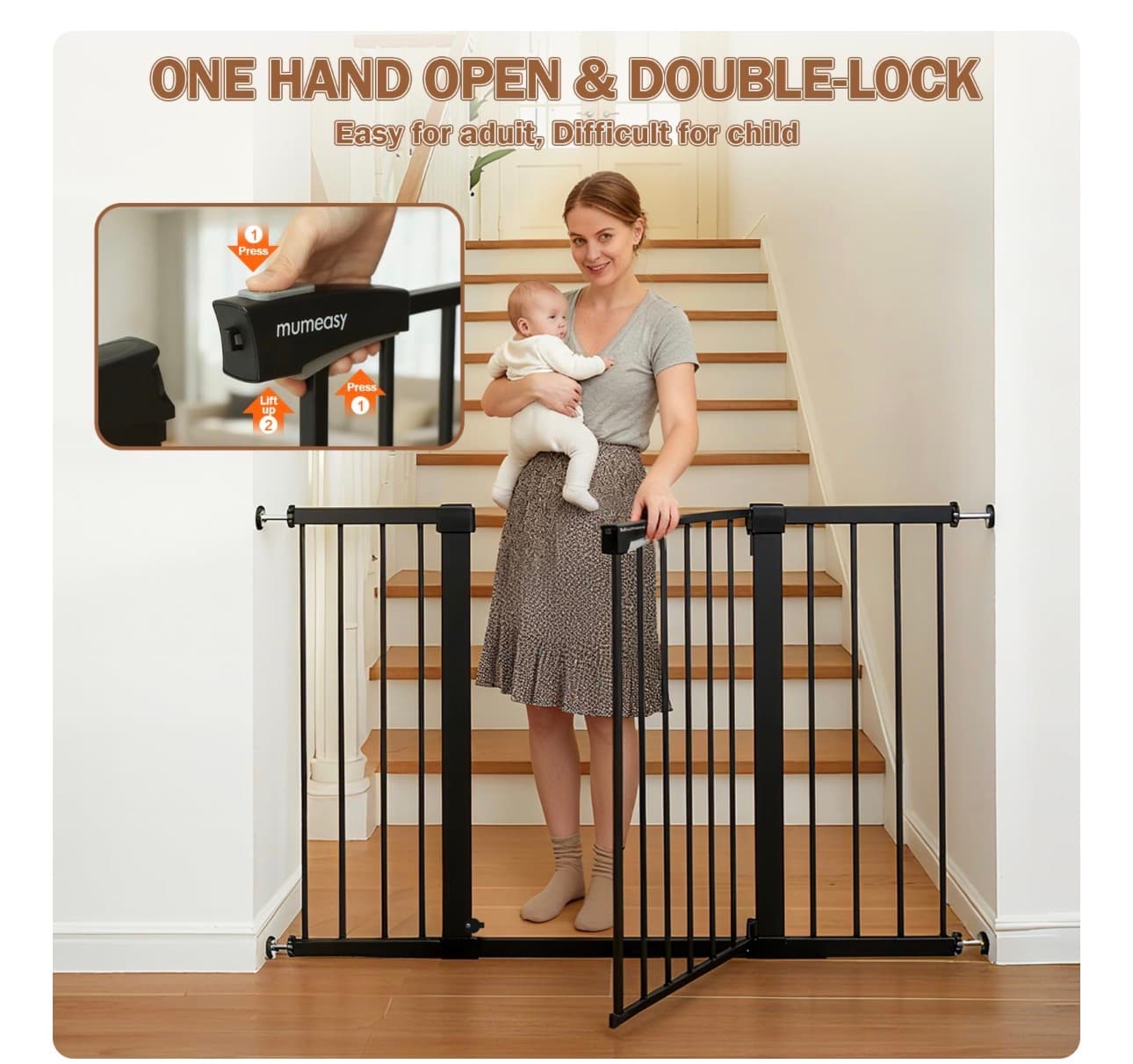 Mumeasy Baby Gate Extra Wide, 29.5-51"' Pressure Mounted Dog Gate with Walk Thru Door, Auto Close Pet Gate for House, Stairs, Doorways, Black - Thumbnail 7