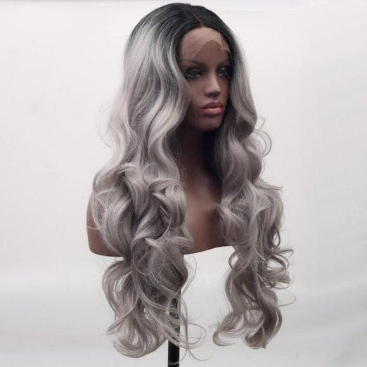 Black Gray Wavy Darkroot Ombre Lace Front Wig - Thumbnail 2