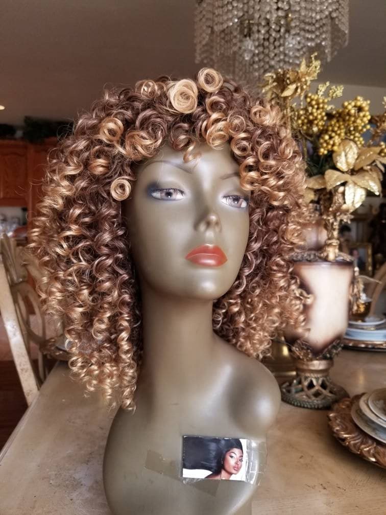 Blonde Brown Mixed// Kinky Curly Wig// Exquisite Black Short Kinky Curly/ Synthetic Afro/ with Bangs - Thumbnail 2