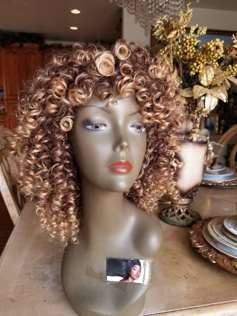 Blonde Brown Mixed// Kinky Curly Wig// Exquisite Black Short Kinky Curly/ Synthetic Afro/ with Bangs - Thumbnail 5