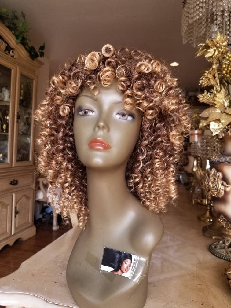 Blonde Brown Mixed// Kinky Curly Wig// Exquisite Black Short Kinky Curly/ Synthetic Afro/ with Bangs - Thumbnail 3