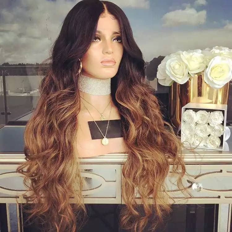 Balayage Ombre Human Hair Lace Front Wigs Medium Brown Roots to Golden Brown with Dark Blonde Wavy Brazilian Remy Wig Glueless Lacewig - Ombre Black Brown / 20 - Thumbnail 2