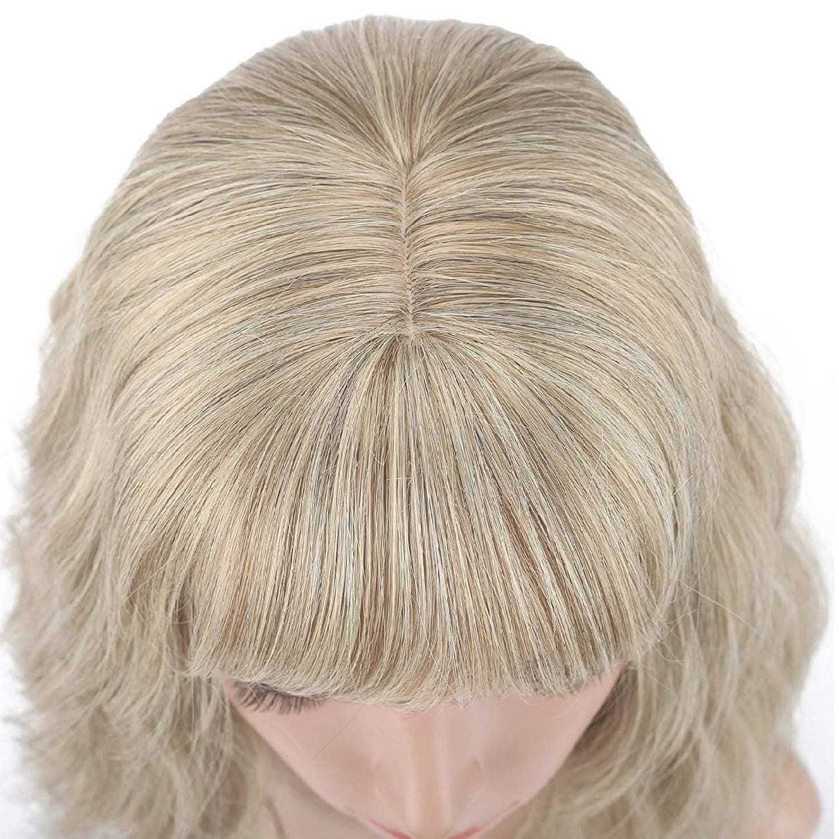 Ash Pale Blonde Shoulder Length Blonde Wigs for Women Bob Wig Bangs Straight Wigs Short Hair Costume,Wavy Blonde - Blonde - Thumbnail 4