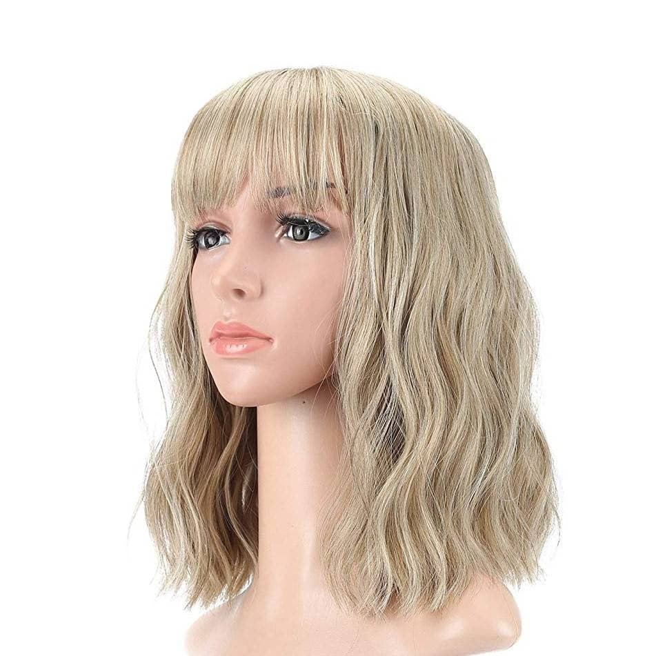 Ash Pale Blonde Shoulder Length Blonde Wigs for Women Bob Wig Bangs Straight Wigs Short Hair Costume,Wavy Blonde - Blonde - Thumbnail 2