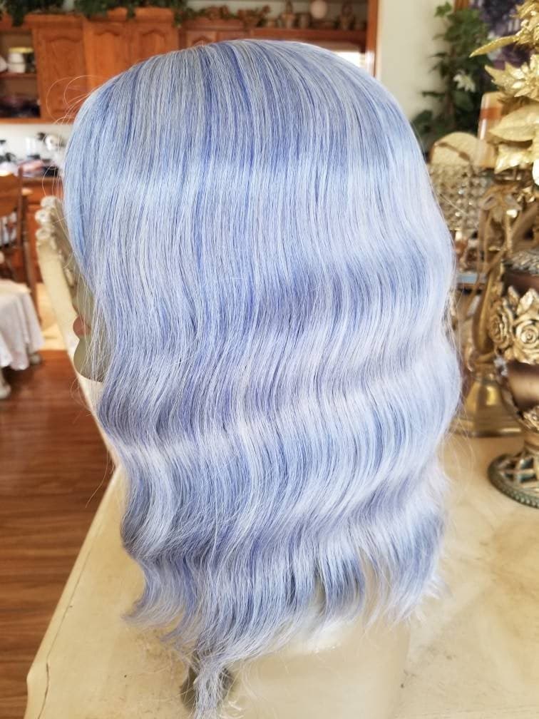 Ash Blue Gray Wavy Wig with Bangs - Thumbnail 3
