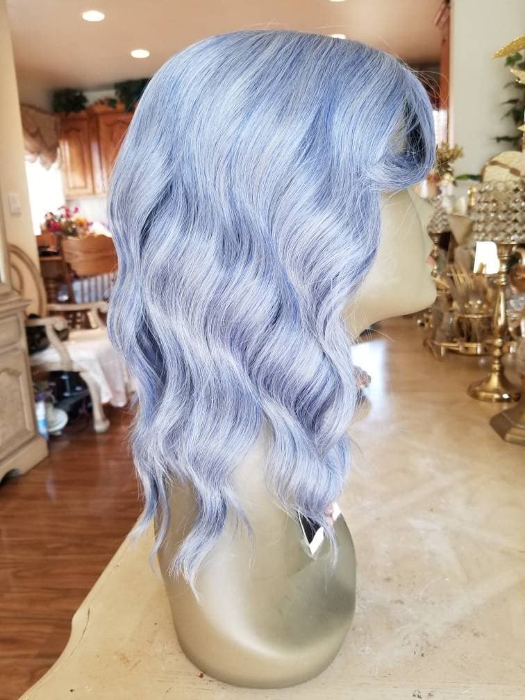 Ash Blue Gray Wavy Wig with Bangs - Thumbnail 2