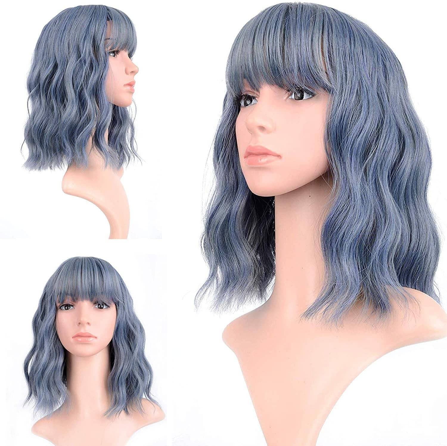 Ash Blue Gray Wavy Wig with Bangs - Thumbnail 5