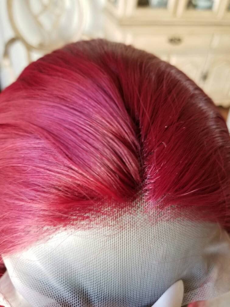 Dark Red Wavy Lace Front Wig - Red - Thumbnail 3