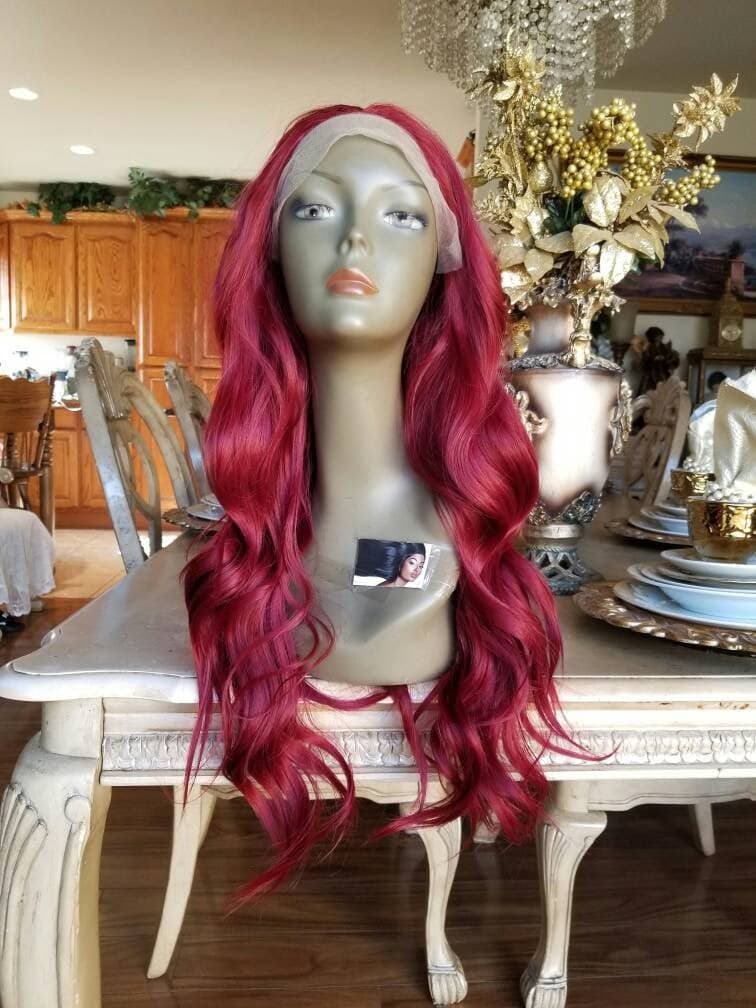 Dark Red Wavy Lace Front Wig - Red - Thumbnail 2