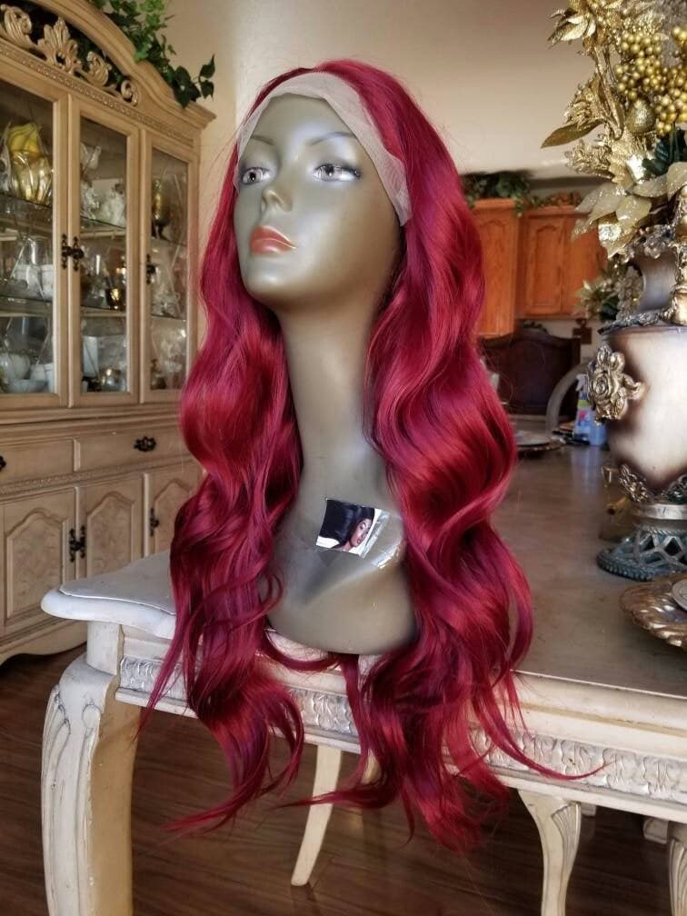 Dark Red Wavy Lace Front Wig - Red - Thumbnail 4