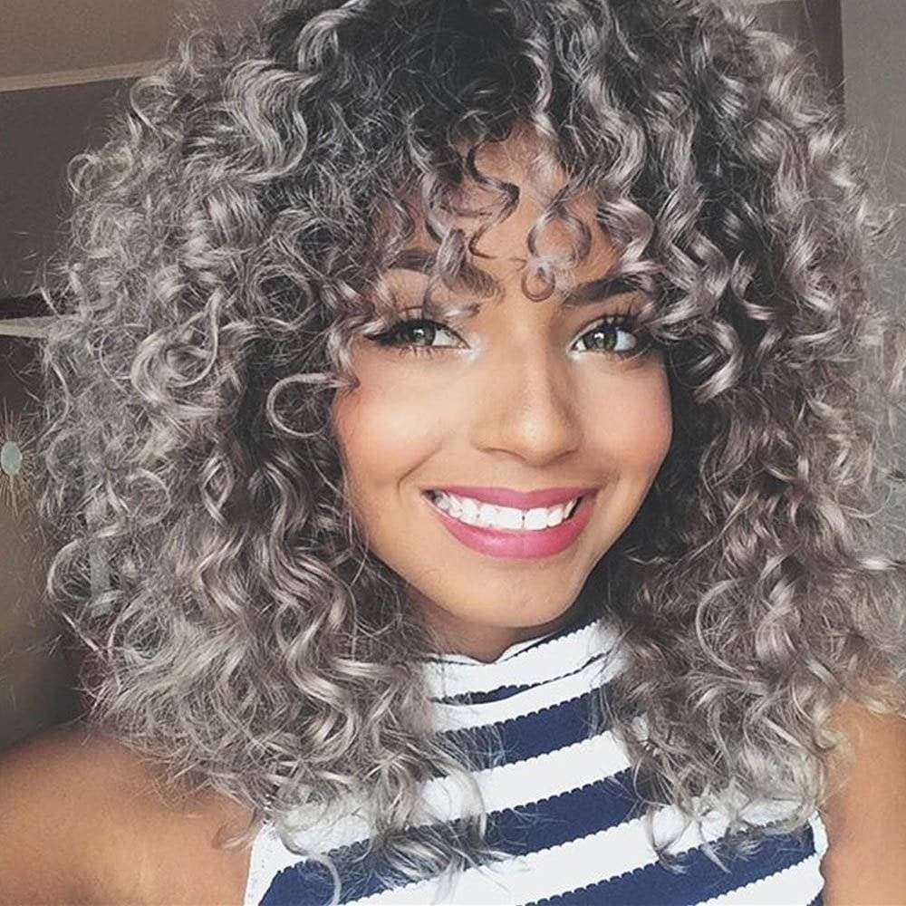 Salt and Pepper Gray/ Kinky Curly Wig/Wi Exquisite Black Short Kinky Curly/ Synthetic Afro/ with Bangs for Black Women Heat Resistant Hair - Thumbnail 2