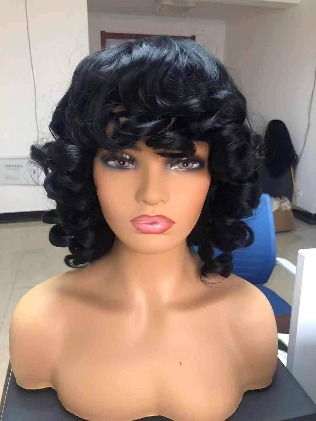 Black/Curly Wig/Wi Exquisite Black Short Kinky Curly/ Synthetic Afro/ with Bangs for Black Women Heat Resistant Hair - Thumbnail 2