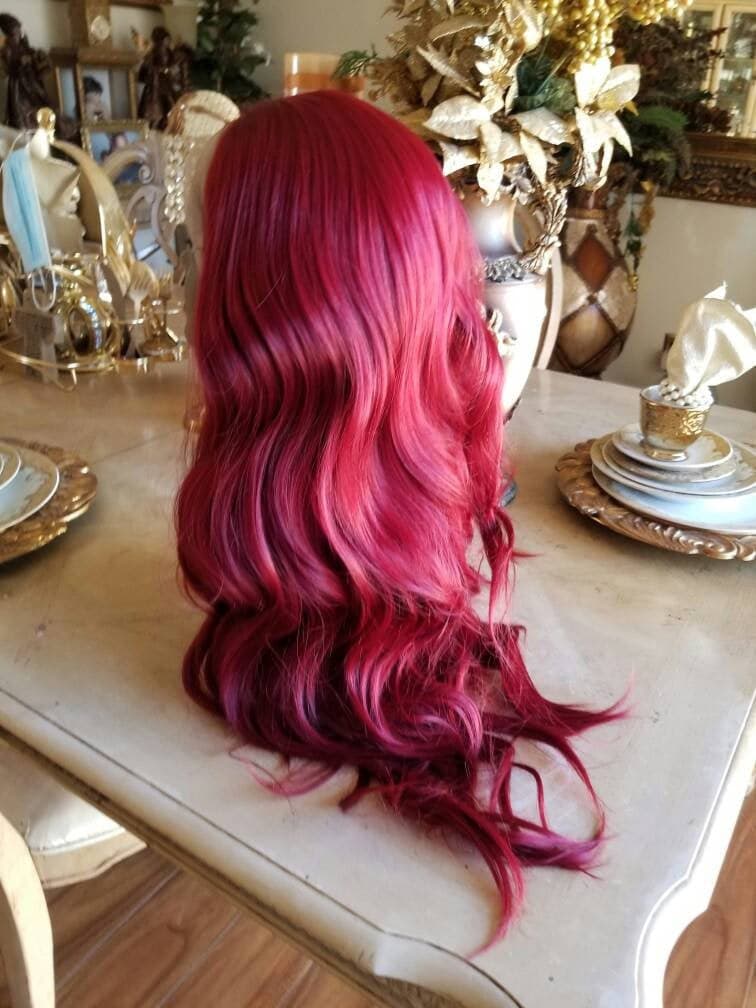Dark Red Wavy Lace Front Wig - Red - Thumbnail 5