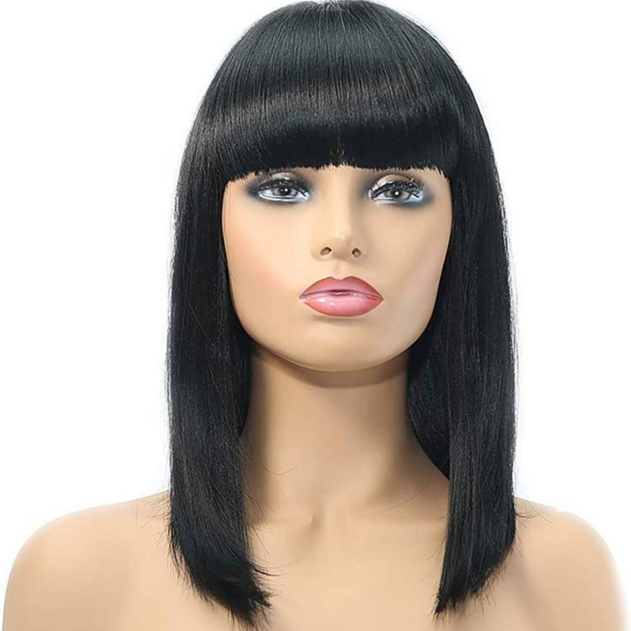 Black Straight Wig//Bangs//Silky//Full Heat Resistant// Synthetic Wig for Women//Black//Bob Wigs with Bangs//Cute//Light Yaki - As Pictured