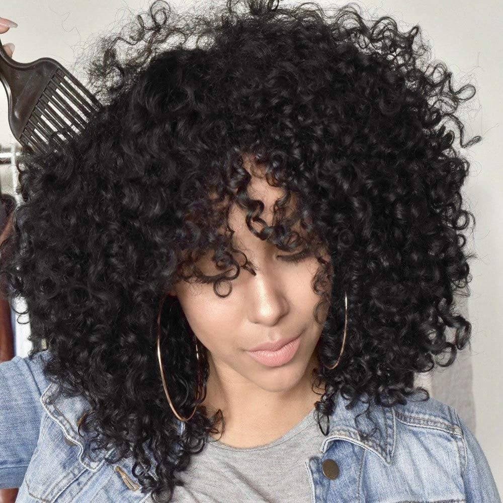 Black/ Kinky Curly Wig/Wi Exquisite Black Short Kinky Curly/ Synthetic Afro/ with Bangs for Black Women Heat Resistant Hair - Thumbnail 2
