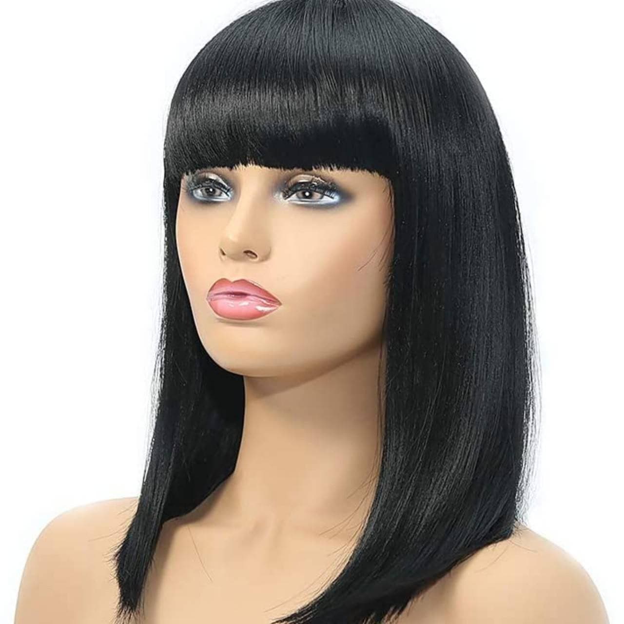 Black Straight Wig//Bangs//Silky//Full Heat Resistant// Synthetic Wig for Women//Black//Bob Wigs with Bangs//Cute//Light Yaki - As Pictured - Thumbnail 2