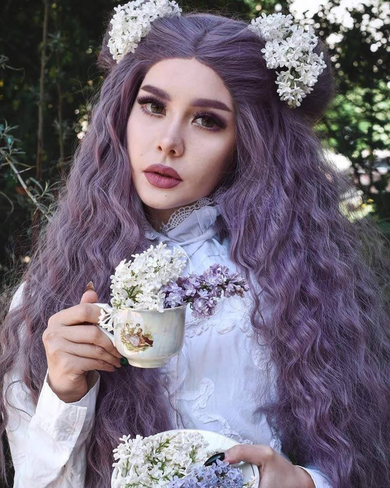 Lilac//Light Purple//Curly//Wavy// Lace Front Wig//Wig//Human Hair//Synthetic Hair - Light Purple - Thumbnail 2