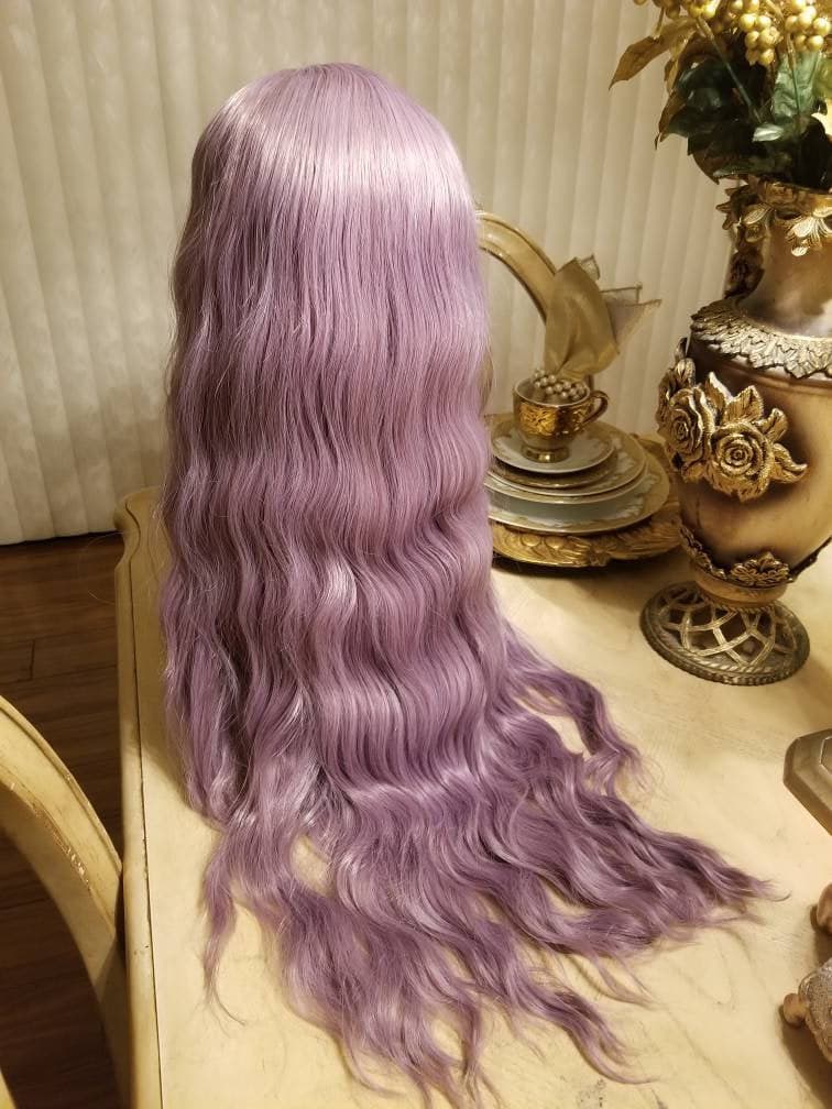 Lilac//Light Purple//Curly//Wavy// Lace Front Wig//Wig//Human Hair//Synthetic Hair - Light Purple - Thumbnail 4