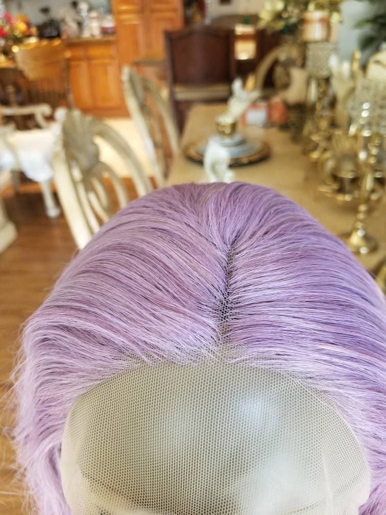 Lilac//Light Purple//Curly//Wavy// Lace Front Wig//Wig//Human Hair//Synthetic Hair - Light Purple - Thumbnail 5
