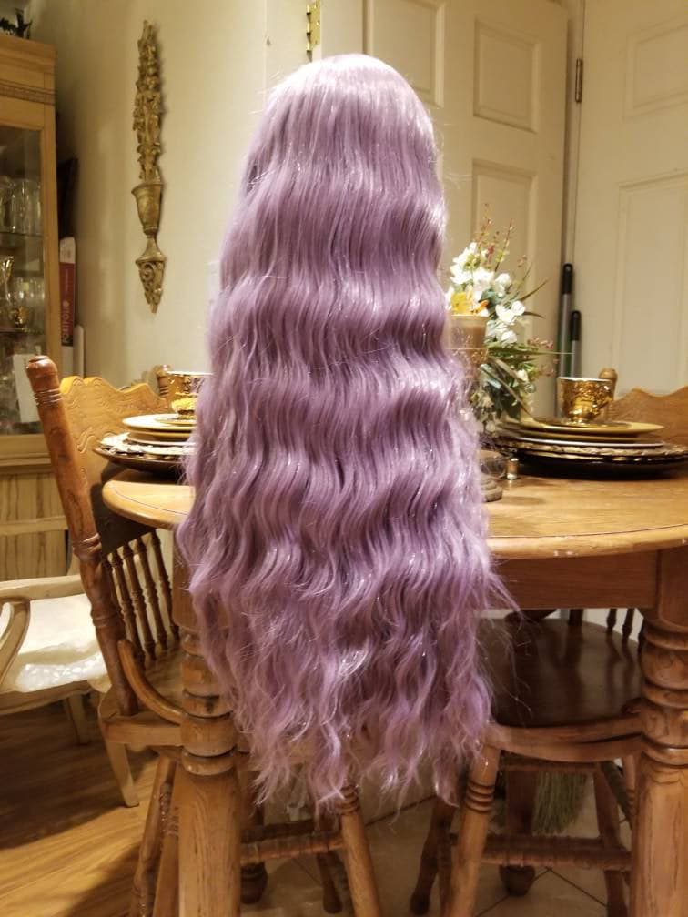 Lilac//Light Purple//Curly//Wavy// Lace Front Wig//Wig//Human Hair//Synthetic Hair - Light Purple - Thumbnail 3