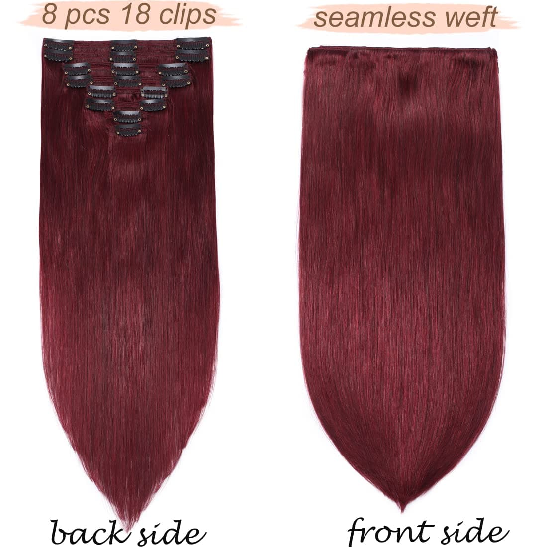 Burgundy Double Weft Clip in Human Hair Extensions Thick 16-20 Inch 120-150g 8pcs 18 clips on 8A Grade Soft Straight 100% Remy Hair Wine Red #99J 20’’ - Thumbnail 2