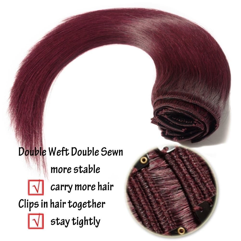 Dark Red Double Weft Clip in Human Hair Extensions Thick 20 Inch 120g-150g 8pcs clips on 8A Grade Soft Straight 100% Remy Hair Wine Red #99J 16"-20’’ - Thumbnail 5