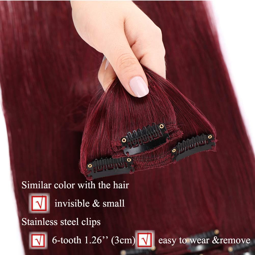 Dark Red Double Weft Clip in Human Hair Extensions Thick 20 Inch 120g-150g 8pcs clips on 8A Grade Soft Straight 100% Remy Hair Wine Red #99J 16"-20’’ - Thumbnail 4