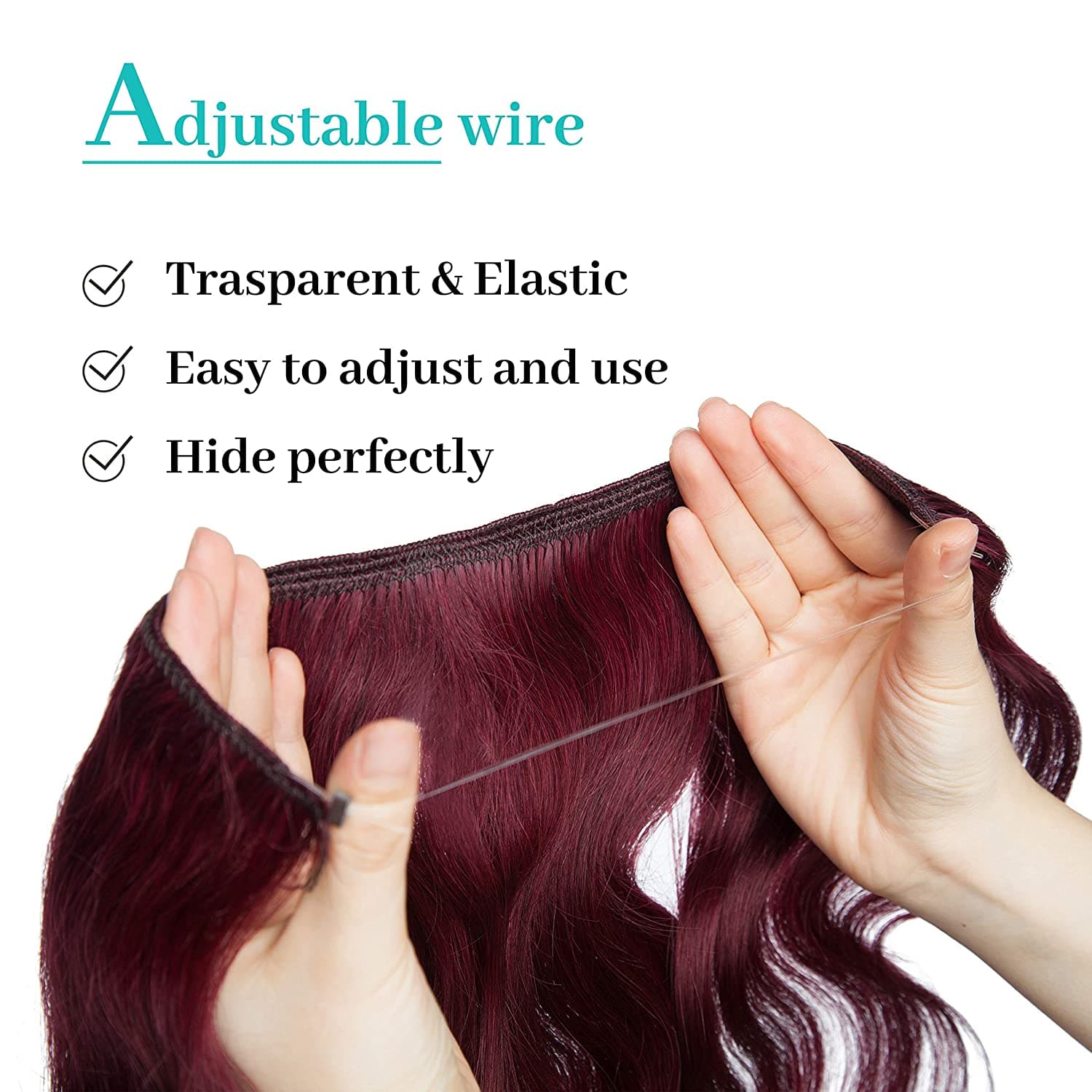 Burgundy Halos Hair Extensions Human Hair Wavy Secret Wire Hair Extensions 16" 60g Adjustable Fish Line Hair Extension with 2 Clips Remy Hair For Women #99J Wine Red - Thumbnail 5
