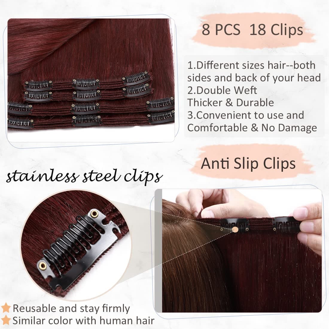 Burgundy Double Weft Clip in Human Hair Extensions Thick 16-20 Inch 120-150g 8pcs 18 clips on 8A Grade Soft Straight 100% Remy Hair Wine Red #99J 20’’ - Thumbnail 6