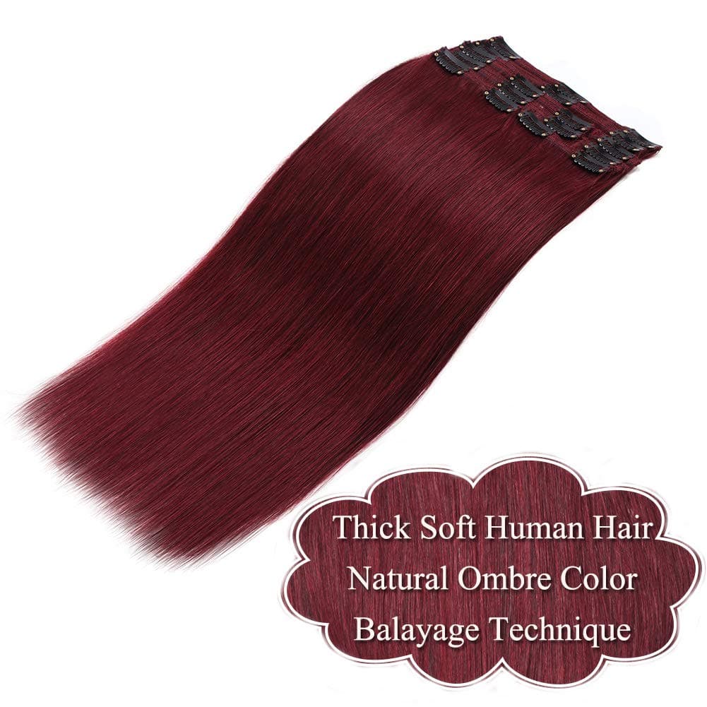 Dark Red Double Weft Clip in Human Hair Extensions Thick 20 Inch 120g-150g 8pcs clips on 8A Grade Soft Straight 100% Remy Hair Wine Red #99J 16"-20’’ - Thumbnail 3