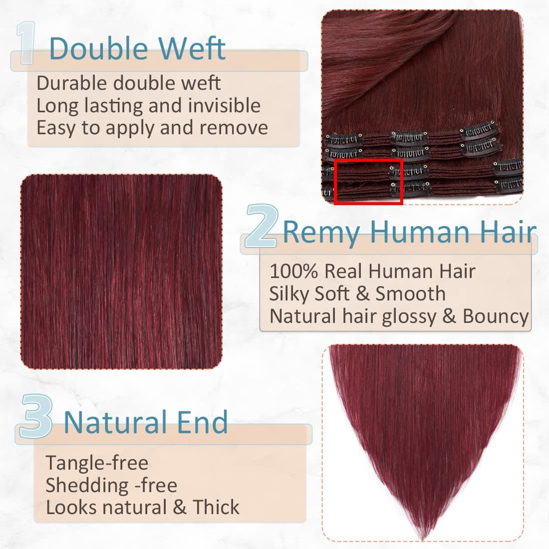 Burgundy Double Weft Clip in Human Hair Extensions Thick 16-20 Inch 120-150g 8pcs 18 clips on 8A Grade Soft Straight 100% Remy Hair Wine Red #99J 20’’ - Thumbnail 5