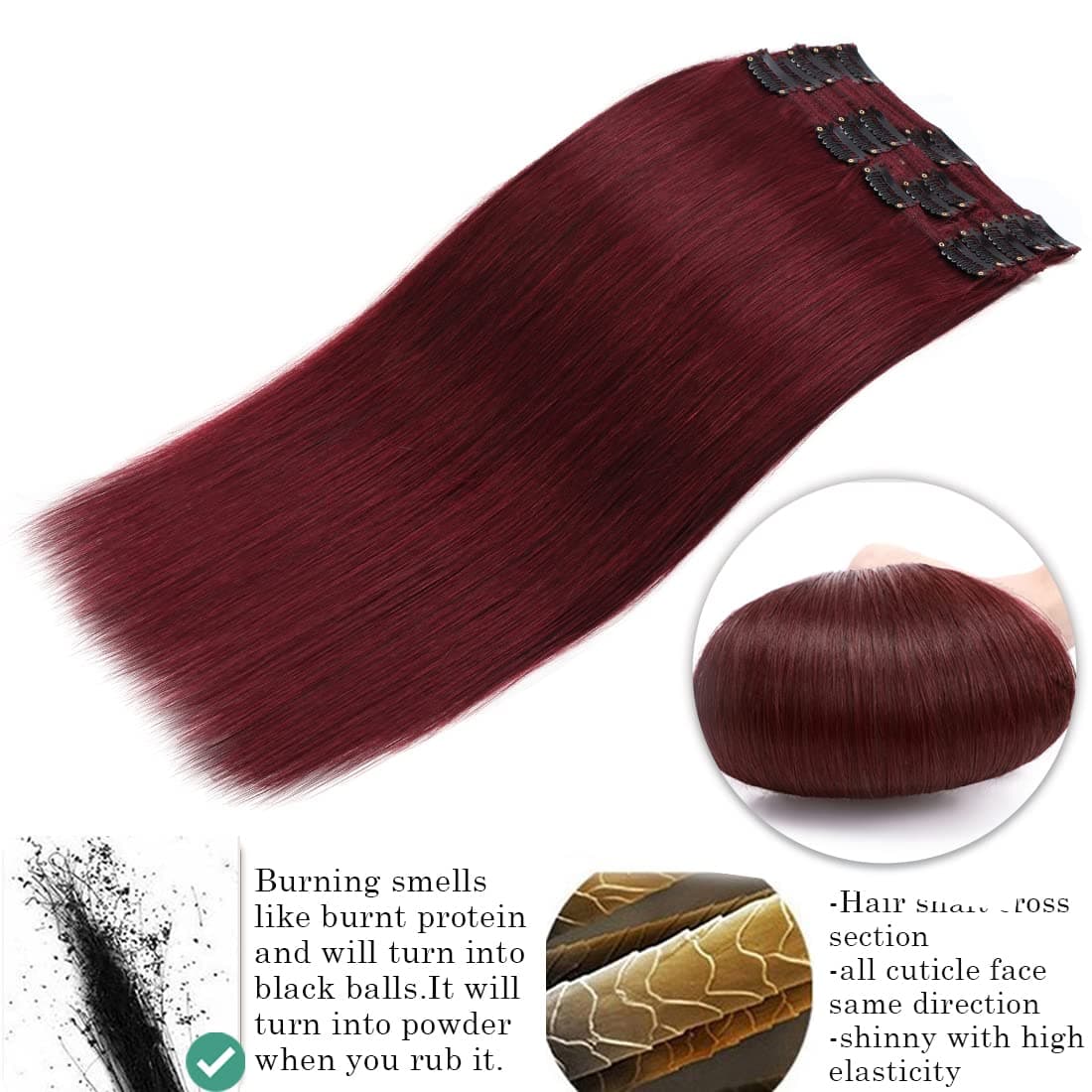 Burgundy Double Weft Clip in Human Hair Extensions Thick 16-20 Inch 120-150g 8pcs 18 clips on 8A Grade Soft Straight 100% Remy Hair Wine Red #99J 20’’ - Thumbnail 4