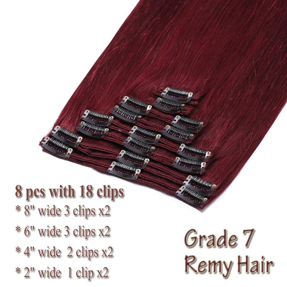 Dark Red Double Weft Clip in Human Hair Extensions Thick 20 Inch 120g-150g 8pcs clips on 8A Grade Soft Straight 100% Remy Hair Wine Red #99J 16"-20’’ - Thumbnail 2