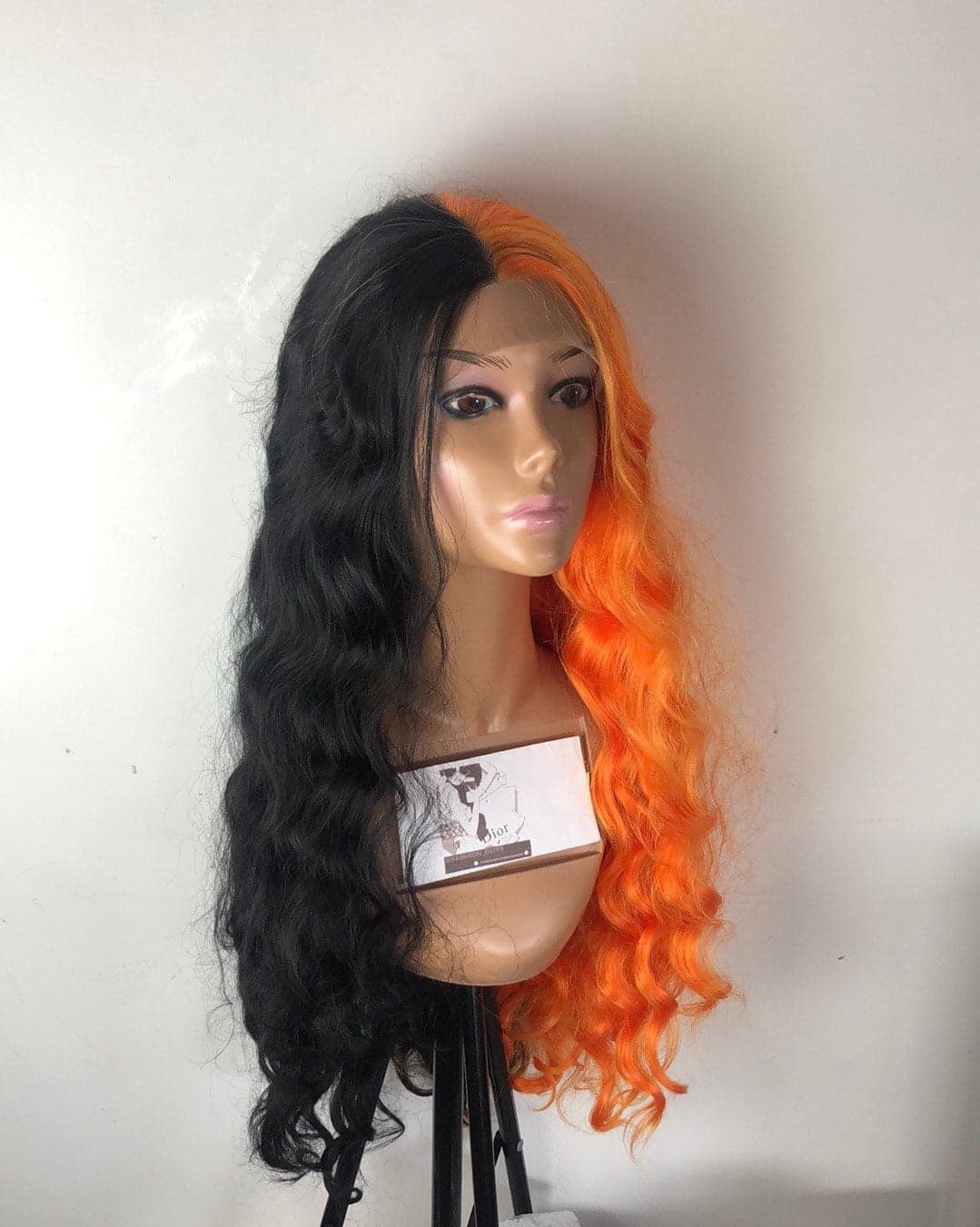24” Orange & Black 2 Tone wavy split dye lace front wig . Arrives New - Thumbnail 5