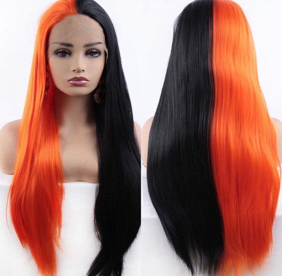 24” Orange & Black 2 Tone split dye straight lace front wig . Arrives New - Thumbnail 2