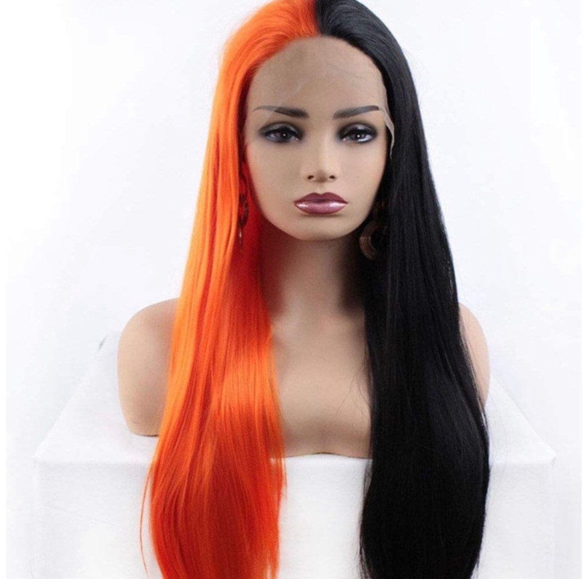 24” Orange & Black 2 Tone split dye straight lace front wig . Arrives New - Thumbnail 6