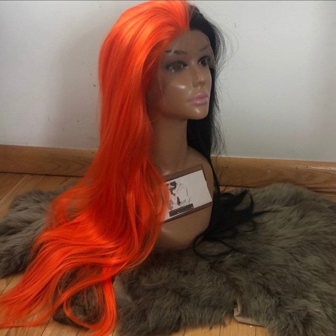 24” Orange & Black 2 Tone split dye straight lace front wig . Arrives New - Thumbnail 3