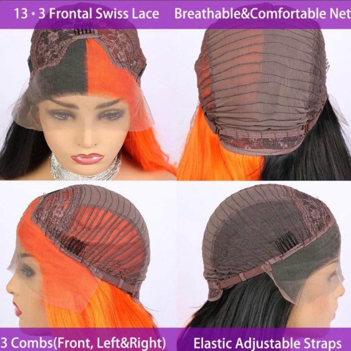 24” Orange & Black 2 Tone split dye straight lace front wig . Arrives New - Thumbnail 4