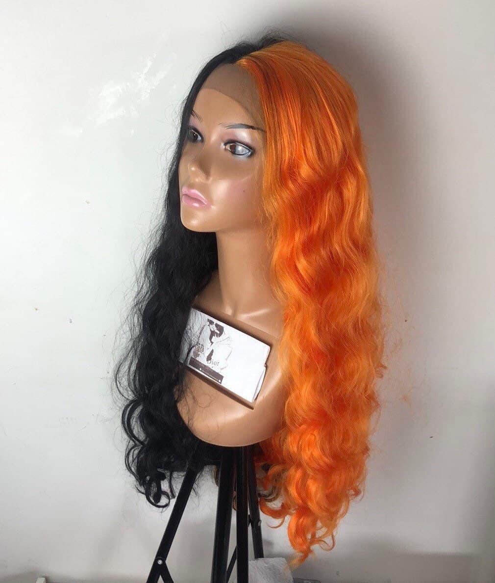 24” Orange & Black 2 Tone wavy split dye lace front wig . Arrives New - Thumbnail 2