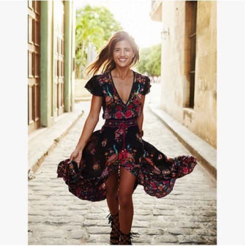 Black Floral Boho Dress - S - Thumbnail 5