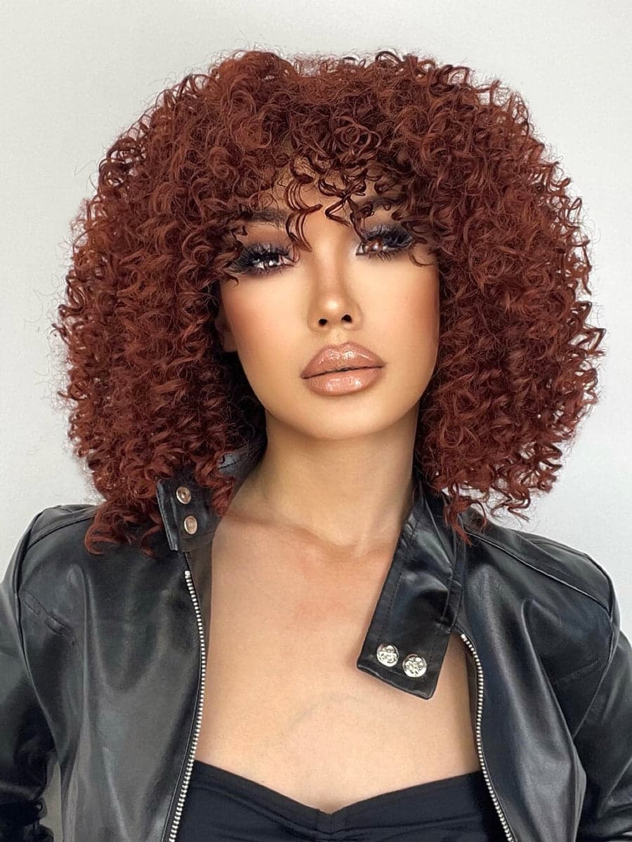 Brown Red Curly Wig with Bangs - Thumbnail 5