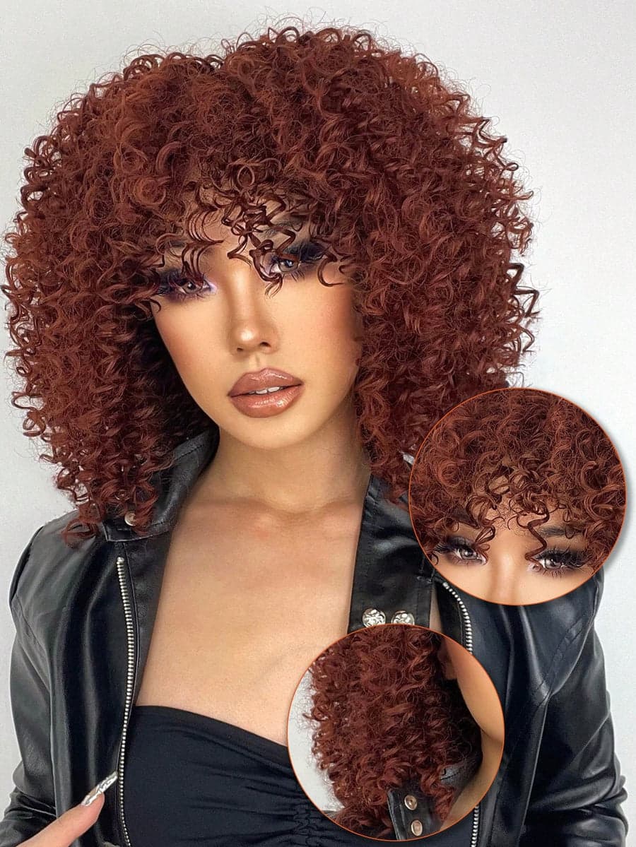 Brown Red Curly Wig with Bangs - Thumbnail 6